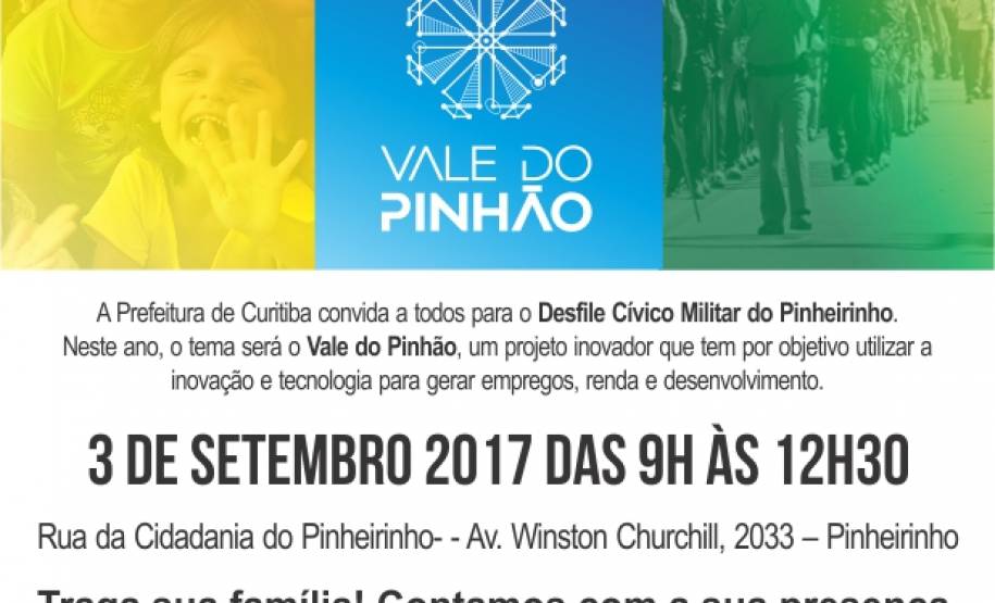 Detran participa neste domingo do 18º Desfile Cívico no bairro Pinheirinho Neste domingo (3), o Departamento de Trânsito do Paraná (Detran) participa do 18º Desfile Cívico Militar do Pinheirinho. Com o tema “Vale do Pinhão”, o evento ocorre das 9h ao 12h, na Avenida Winston Churchill, número 2033 - no bairro Pinheirinho.