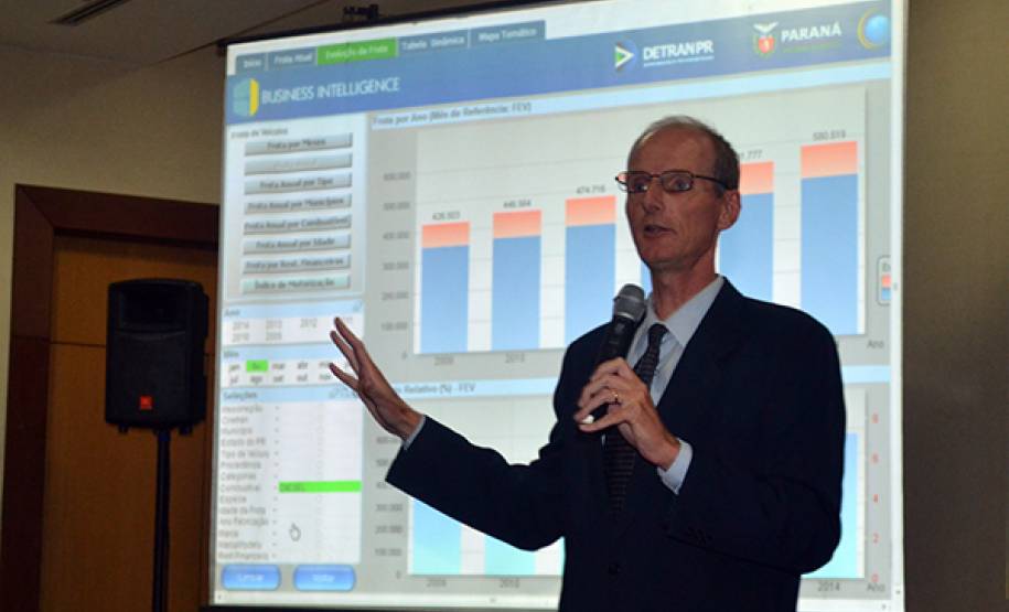 O Departamento de Trânsito do Paraná (Detran PR) e a Companhia de Tecnologia da Informação e Comunicação do Paraná (Celepar) apresentaram nesta semana, em Brasília, as ferramentas de business intelligence usadas para controle e levantamento de dados estatísticos no Estado.  Na foto, o pelo gerente de Sistemas de Informação da Celepar, Fernando José Fendrich, Foto: Celepar
